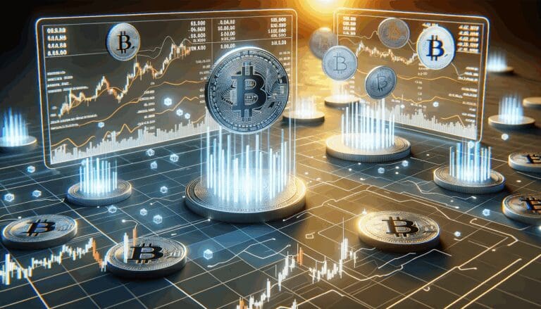 Render digital de tokens blockchain flotando sobre gráficos financieros en una pantalla tecnológica