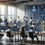 Oficina moderna con equipo de desarrollo trabajando en soluciones de inteligencia artificial