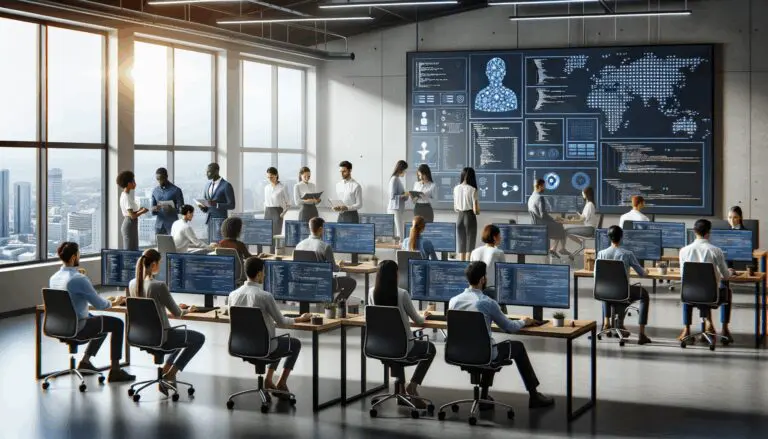 Oficina moderna con equipo de desarrollo trabajando en soluciones de inteligencia artificial