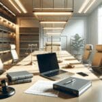 Sala de juntas moderna con una laptop abierta y documentos legales sobre la mesa