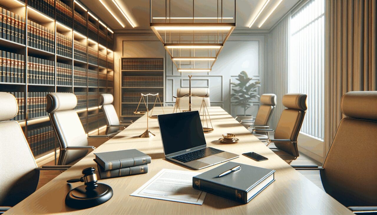 Sala de juntas moderna con una laptop abierta y documentos legales sobre la mesa