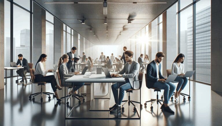 Moderno centro de innovación chileno con emprendedores trabajando en laptops