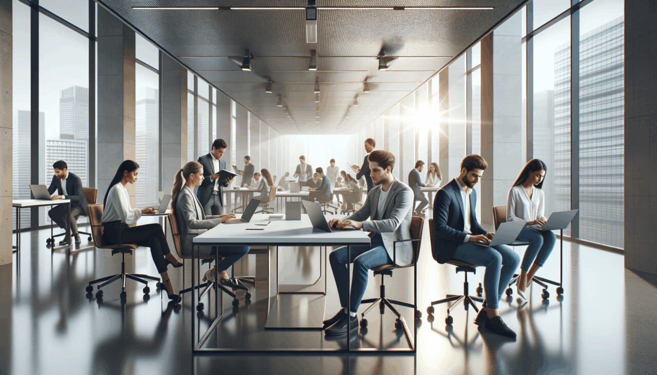 Moderno centro de innovación chileno con emprendedores trabajando en laptops