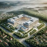 Vista aérea de un centro de innovación tecnológica rodeado de naturaleza