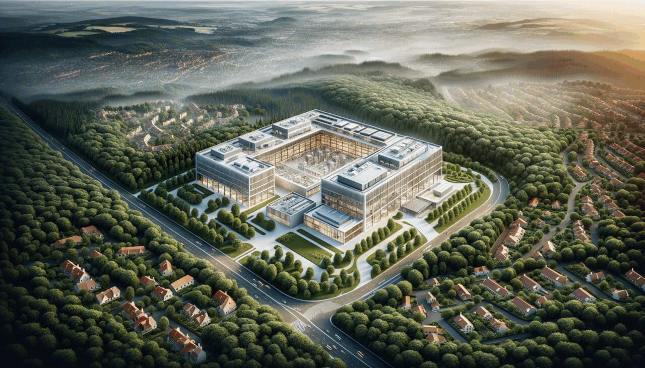 Vista aérea de un centro de innovación tecnológica rodeado de naturaleza