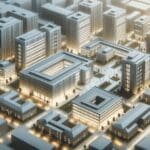 Vista aérea de un campus tecnológico con edificios modernos