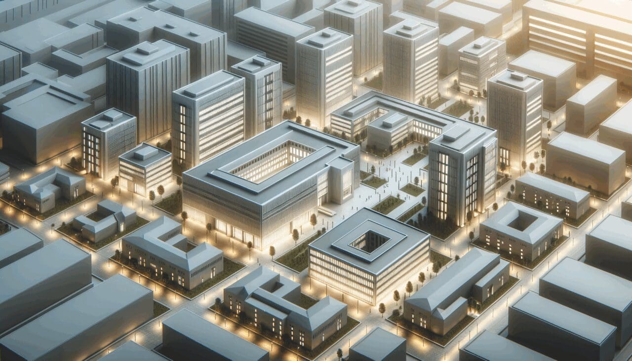 Vista aérea de un campus tecnológico con edificios modernos