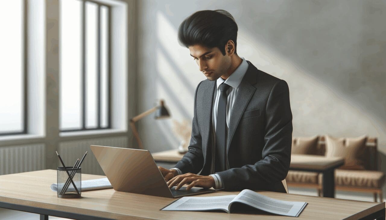 Persona trabajando en un espacio de coworking con laptop y notas.