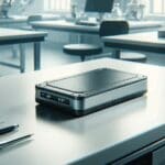 Primer plano de un dispositivo tecnológico sobre una mesa blanca de laboratorio