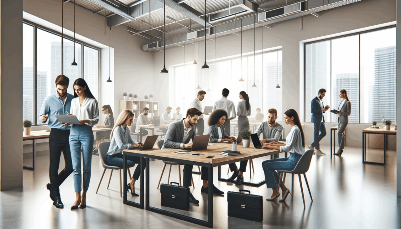 Oficinas luminosas con emprendedores colaborando frente a laptops en un coworking moderno