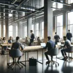 Espacio de coworking moderno con emprendedores reunidos en mesas compartidas