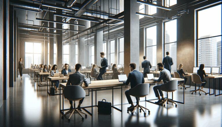 Espacio de coworking moderno con emprendedores reunidos en mesas compartidas