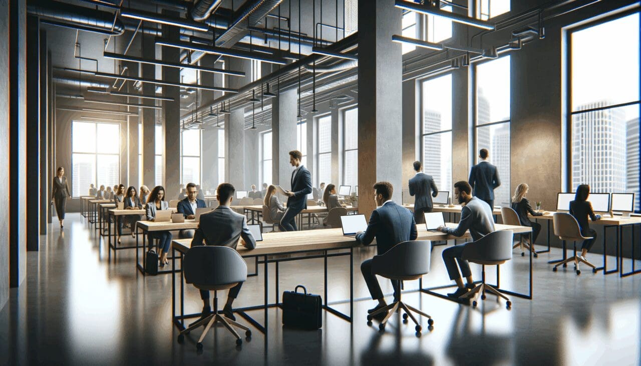 Espacio de coworking moderno con emprendedores reunidos en mesas compartidas