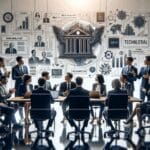 Reunión de empresarios y legisladores discutiendo un plan de innovación tecnológica en un salón moderno.