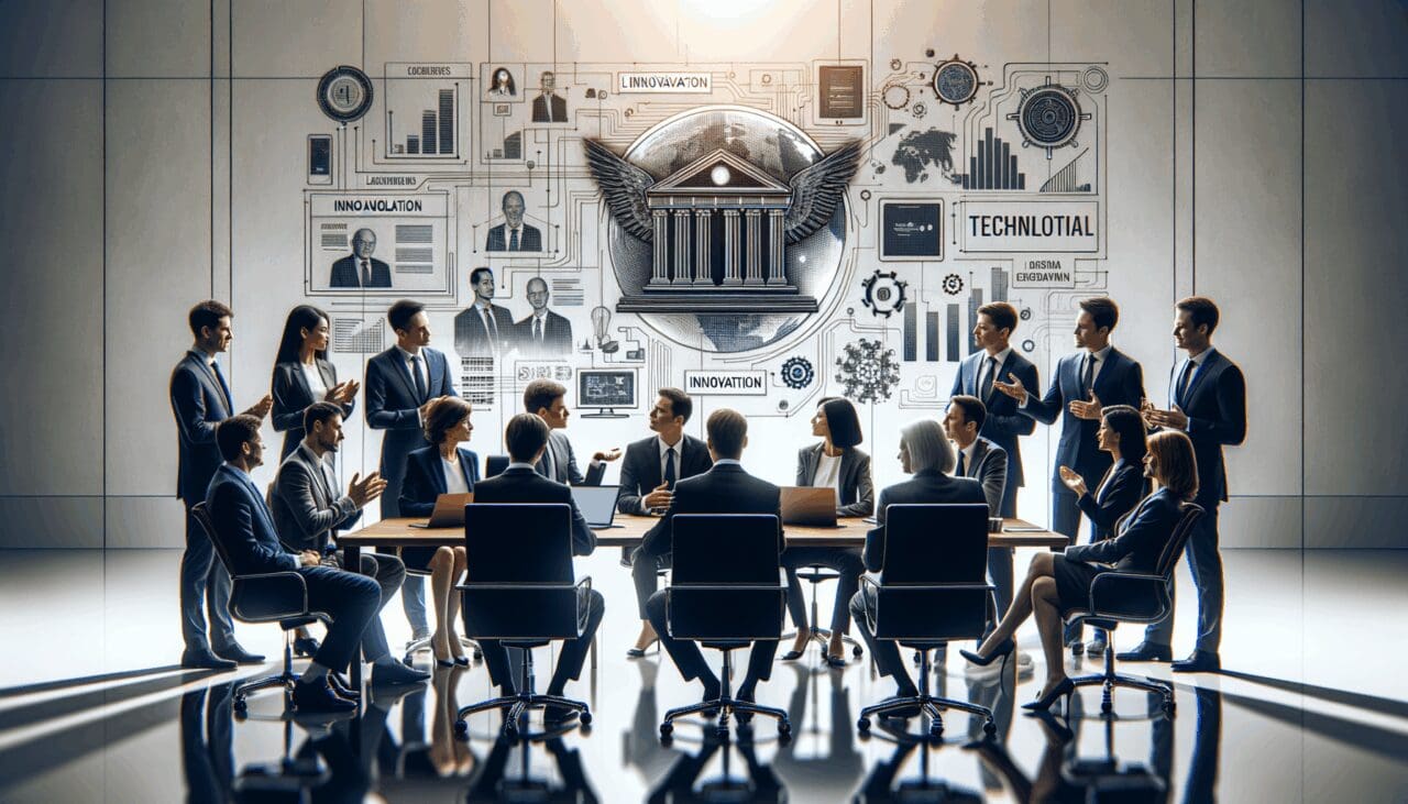 Reunión de empresarios y legisladores discutiendo un plan de innovación tecnológica en un salón moderno.