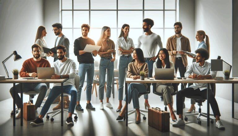 Personas colaborando en un espacio coworking moderno.