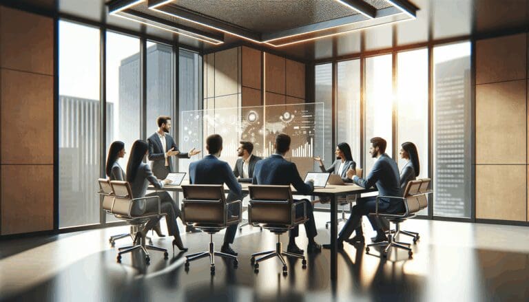 Reunión de emprendedores colaborando en un espacio moderno y tecnológico.