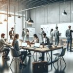 Equipo tecnológico colaborando en un espacio de coworking moderno con pizarras y laptops abiertas