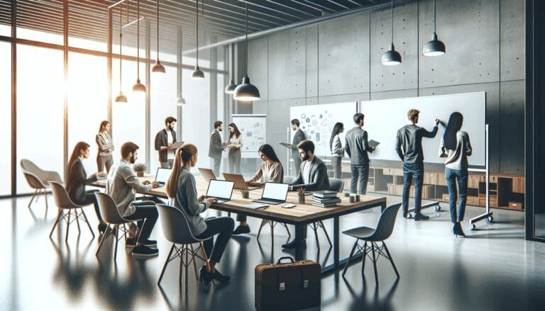 Equipo tecnológico colaborando en un espacio de coworking moderno con pizarras y laptops abiertas