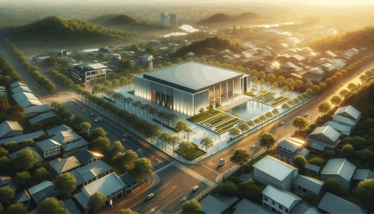 Vista aérea de un centro cultural moderno rodeado de naturaleza en una ciudad pequeña