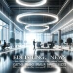 Oficinas modernas de una startup tecnológica con luces brillantes y ambiente dinámico.