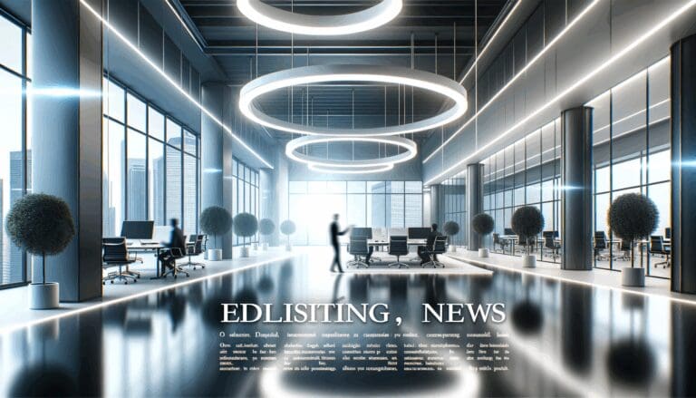 Oficinas modernas de una startup tecnológica con luces brillantes y ambiente dinámico.