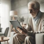 Persona mayor usando una tablet en un ambiente cómodo y moderno