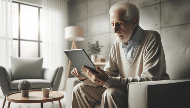 Persona mayor usando una tablet en un ambiente cómodo y moderno