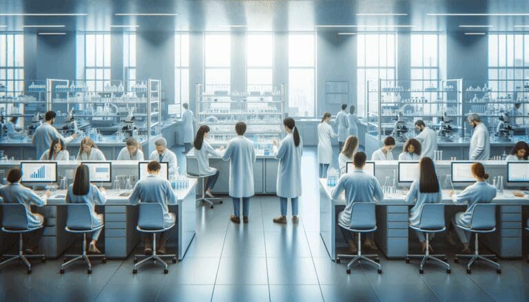 Interior de un laboratorio moderno con científicos trabajando en biotecnología.