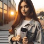 Mujer joven sosteniendo un dispositivo de seguridad personal en una calle urbana al atardecer