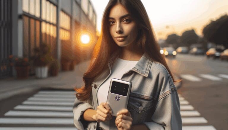Mujer joven sosteniendo un dispositivo de seguridad personal en una calle urbana al atardecer