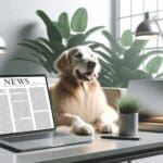 Golden retriever descansando en una oficina moderna rodeado de laptops y plantas de interior