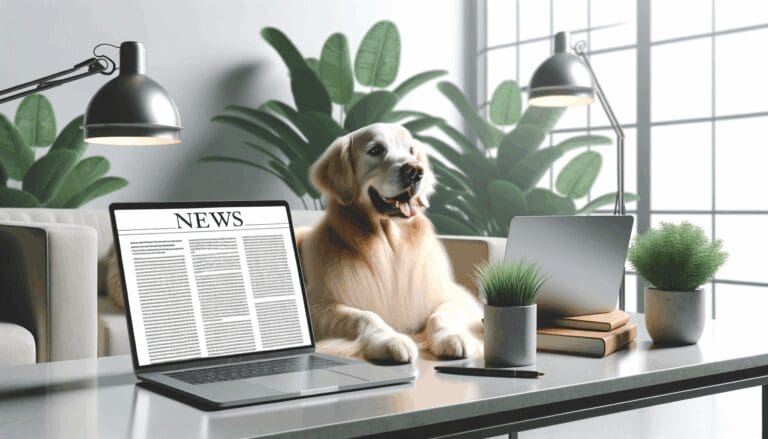 Golden retriever descansando en una oficina moderna rodeado de laptops y plantas de interior