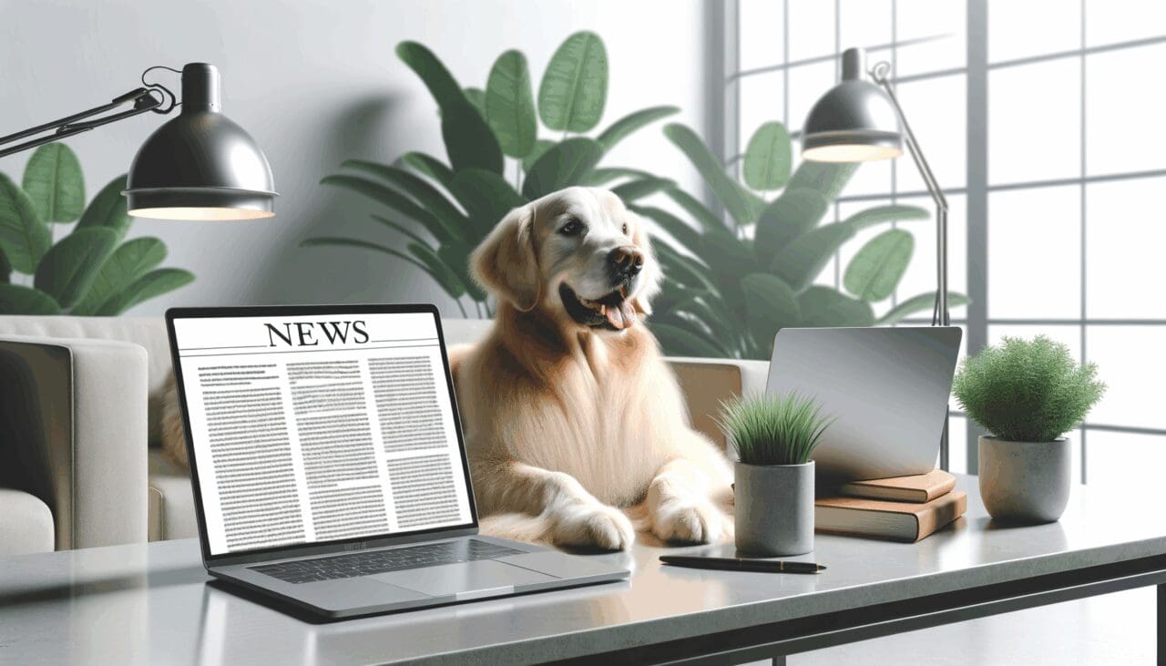 Golden retriever descansando en una oficina moderna rodeado de laptops y plantas de interior