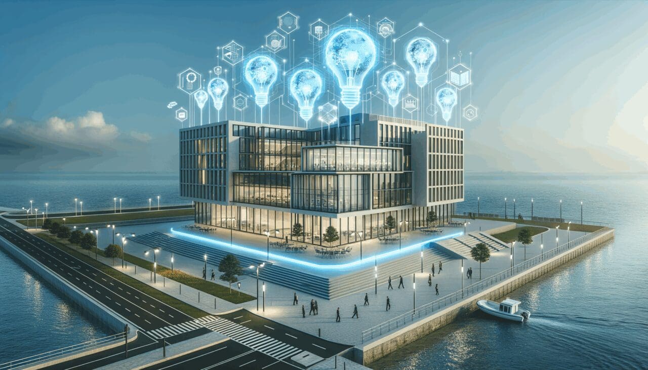 Edificio moderno de innovación con entorno costero, ideal para startups tecnológicas