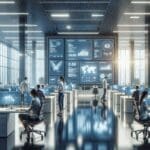 Oficinas modernas con pantallas interactivas y desarrolladores trabajando en un entorno tecnológico