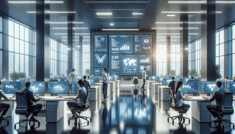 Oficinas modernas con pantallas interactivas y desarrolladores trabajando en un entorno tecnológico