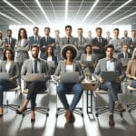 Reunión de emprendedores con laptops en una oficina moderna