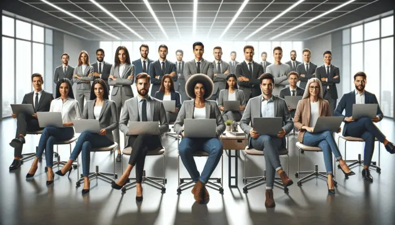 Reunión de emprendedores con laptops en una oficina moderna