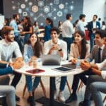 Empresarios jóvenes intercambiando ideas en un evento de tecnología e innovación en América Latina
