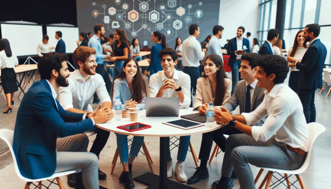 Empresarios jóvenes intercambiando ideas en un evento de tecnología e innovación en América Latina