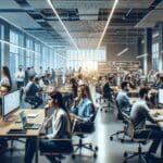 Oficinas modernas con equipo de startup trabajando en soluciones tecnológicas