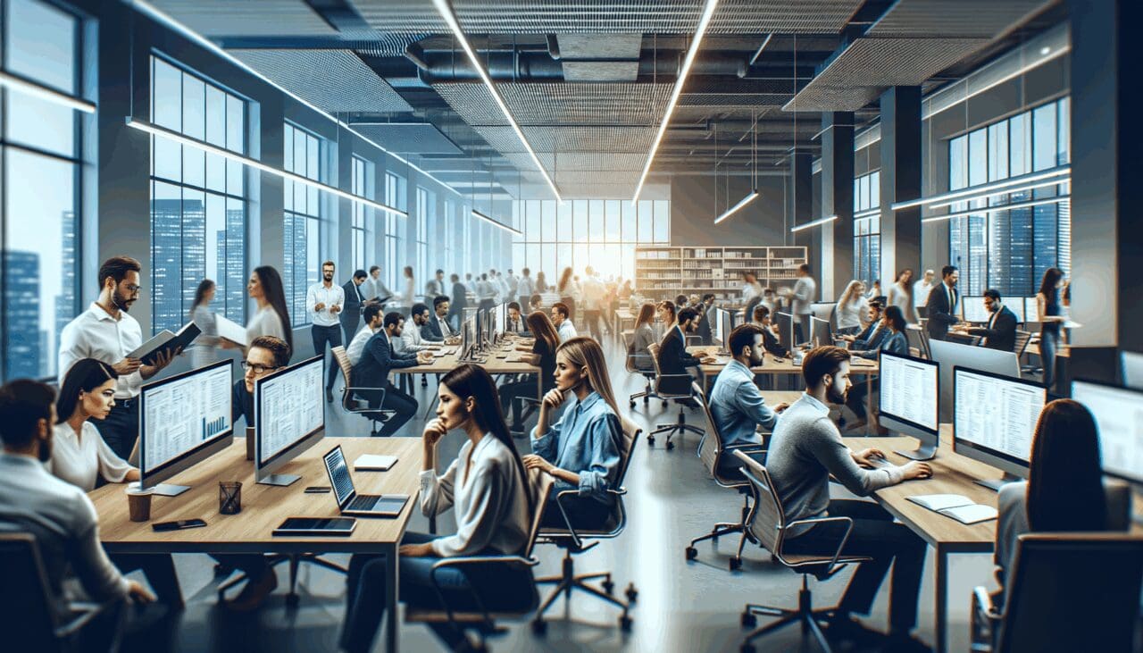 Oficinas modernas con equipo de startup trabajando en soluciones tecnológicas