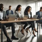 Oficinas modernas con equipo trabajando en laptops en un ambiente tecnológico