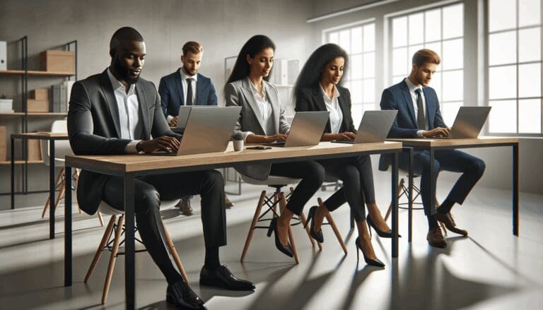 Oficinas modernas con equipo trabajando en laptops en un ambiente tecnológico