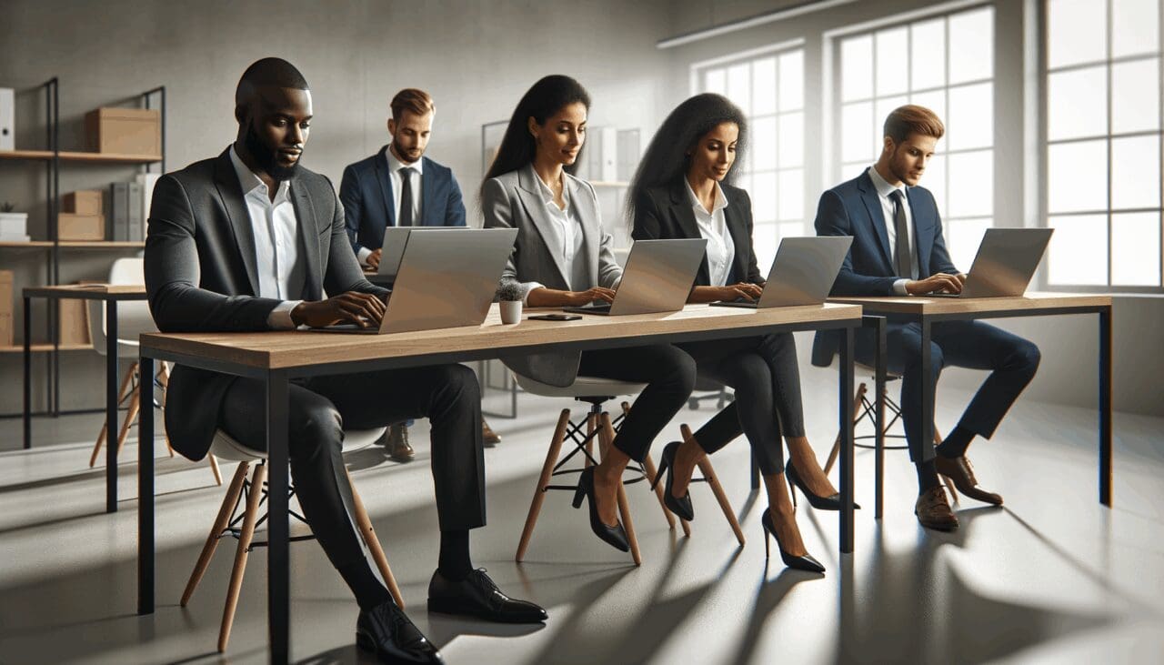 Oficinas modernas con equipo trabajando en laptops en un ambiente tecnológico
