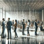 Personas interactuando en un evento de tecnología y emprendimiento en un entorno moderno.