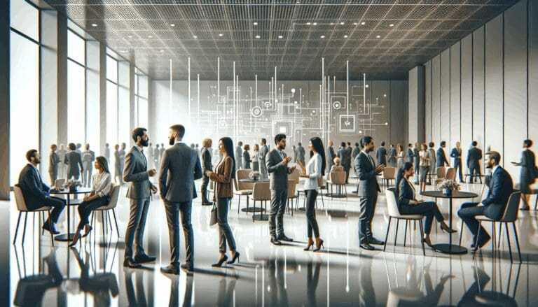 Personas interactuando en un evento de tecnología y emprendimiento en un entorno moderno.