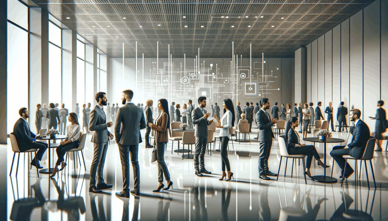 Personas interactuando en un evento de tecnología y emprendimiento en un entorno moderno.