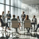 Encuentro entre profesionales en un moderno centro de innovación tecnológica